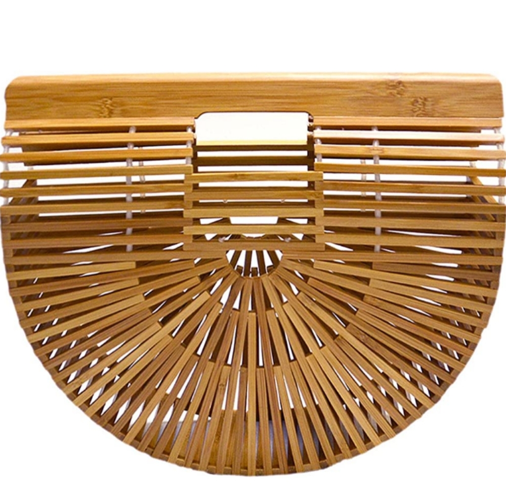 Bamboo Purse Tan Light Brown Woven Wicker Style Hippie Tote Bohemian Beach Bag